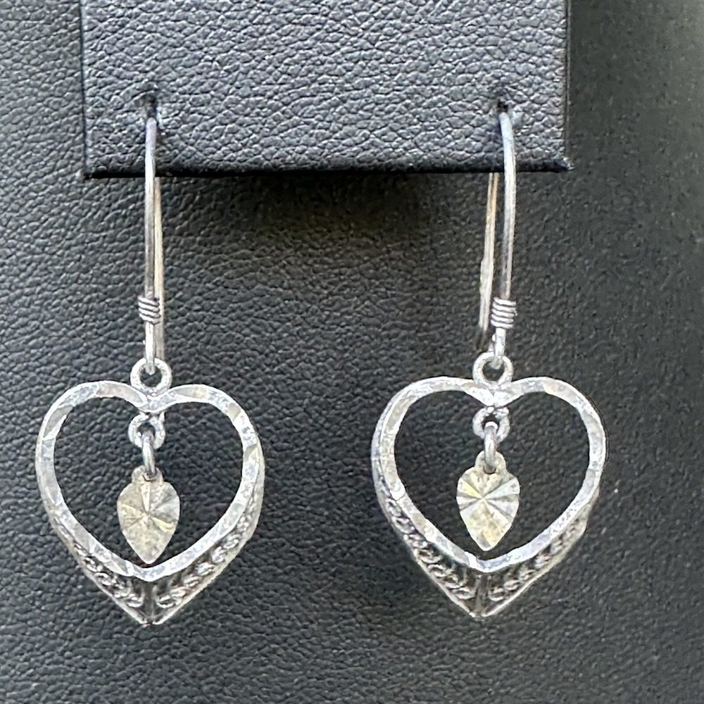 VTG Dangle Earrings 1.375 Inch Filigree Open Heart Leaf 925 Sterling Silver
